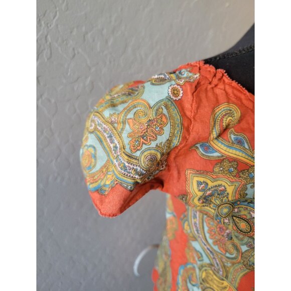 Lucky Brand Orange Aztec Short Sleeve Blouse Size M Bohemian Hippie Western - Picture 5 of 6